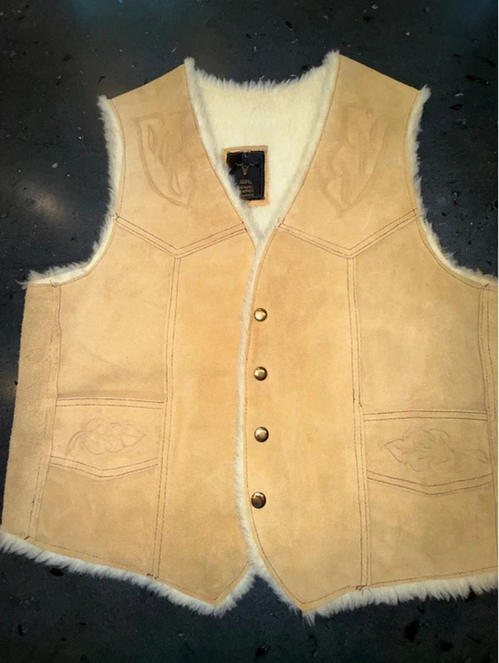 Vintage Genuine Leather Shearling Vest with Embossed Details